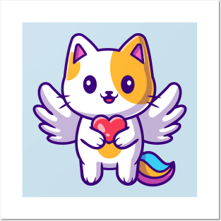 Cute Cat Unicorn Holding Heart Cartoon Posters and Art